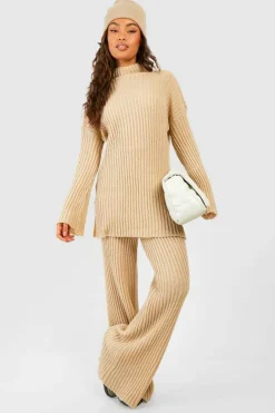 Knitted Co-Ords|Up To 80% Off Winter Warmers*boohoo Soft Rib Knit Jumper And Wide Leg Trouser Co-ord camel