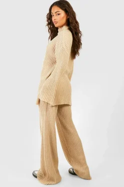 Knitted Co-Ords|Up To 80% Off Winter Warmers*boohoo Soft Rib Knit Jumper And Wide Leg Trouser Co-ord camel
