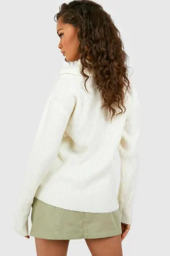 Jumpers|Knitwear*boohoo Soft Rib Knit Polo Collar Jumper white