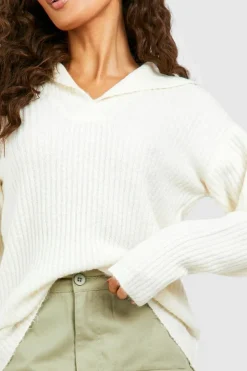 Jumpers|Knitwear*boohoo Soft Rib Knit Polo Collar Jumper white