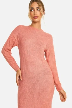 Jumper Dresses|Jumper Dresses*boohoo Soft Rib Knit Side Split Midaxi Dress coral