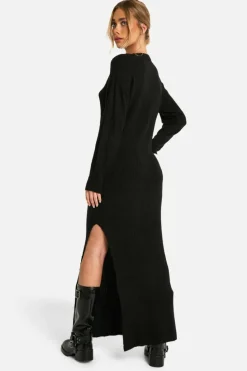 Jumper Dresses|Jumper Dresses*boohoo Soft Rib Knit Side Split Midaxi Dress black