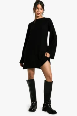 Mini Dresses|Long Sleeve Dresses*boohoo Soft Rib Tie back Smock Dress black