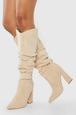 Over The Knee Boots|Knee High Boots*boohoo Soft Ruched Knee High Pointed Boots sand