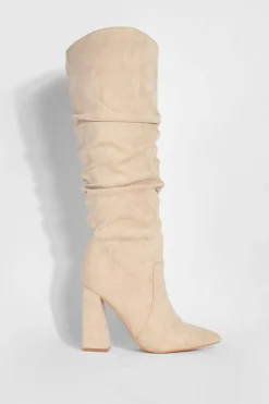 Over The Knee Boots|Knee High Boots*boohoo Soft Ruched Knee High Pointed Boots sand
