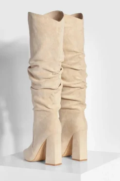 Over The Knee Boots|Knee High Boots*boohoo Soft Ruched Knee High Pointed Boots sand