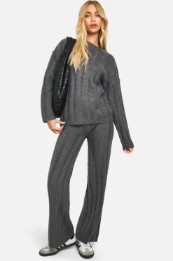 Knitted Co-Ords|Knitwear*boohoo Soft Wide Rib Exposed Seam Jumper And Wide Leg Co-ord charcoal