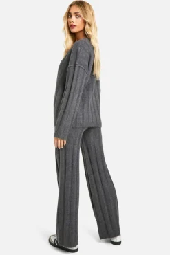 Knitted Co-Ords|Knitwear*boohoo Soft Wide Rib Exposed Seam Jumper And Wide Leg Co-ord charcoal