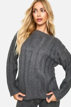 Knitted Co-Ords|Knitwear*boohoo Soft Wide Rib Exposed Seam Jumper And Wide Leg Co-ord charcoal