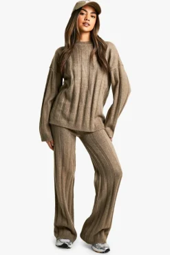 Knitted Co-Ords|Knitwear*boohoo Soft Wide Rib Exposed Seam Jumper And Wide Leg Co-ord mocha