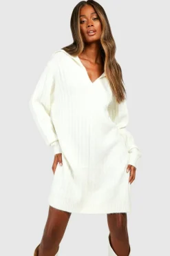 Mini Dresses|Jumper Dresses*boohoo Soft Wide Rib Knit Collared Jumper Dress cream