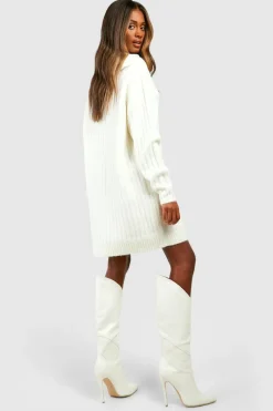 Mini Dresses|Jumper Dresses*boohoo Soft Wide Rib Knit Collared Jumper Dress cream