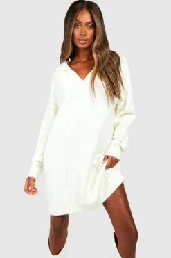 Mini Dresses|Jumper Dresses*boohoo Soft Wide Rib Knit Collared Jumper Dress cream