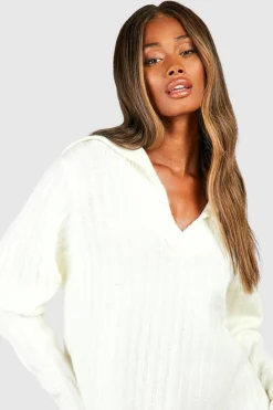 Mini Dresses|Jumper Dresses*boohoo Soft Wide Rib Knit Collared Jumper Dress cream