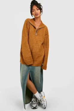 Oversized Jumpers|Jumpers*boohoo Soft Wide Rib Knit Half Zip Funnel Neck Jumper biscuit