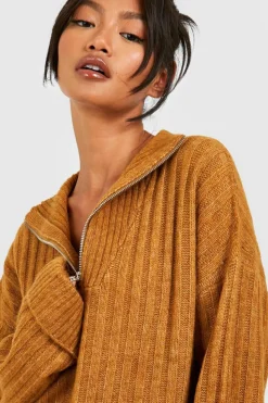 Oversized Jumpers|Jumpers*boohoo Soft Wide Rib Knit Half Zip Funnel Neck Jumper biscuit