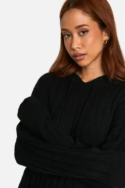 Jumpers*boohoo Soft Wide Rib Knitted Hoody black