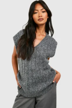 Jumpers|Knitwear*boohoo Soft Wide Rib V Neck Knitted Tank charcoal