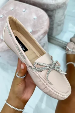 Flats*Love Lemonade Sparkly Crystal Bow Trim Loafers Baby Pink