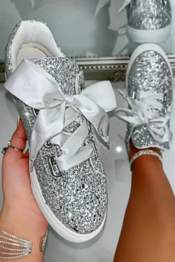 Trainers*Love Lemonade Sparkly Glitter Ribbon Lace Trainers Silver