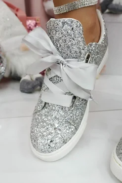 Trainers*Love Lemonade Sparkly Glitter Ribbon Lace Trainers Silver