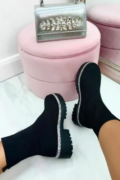 Chunky Boots*Love Lemonade Sparkly Stretch Chunky Sock Boots Black