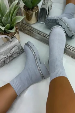 Chunky Boots*Love Lemonade Sparkly Stretch Chunky Sock Boots Grey