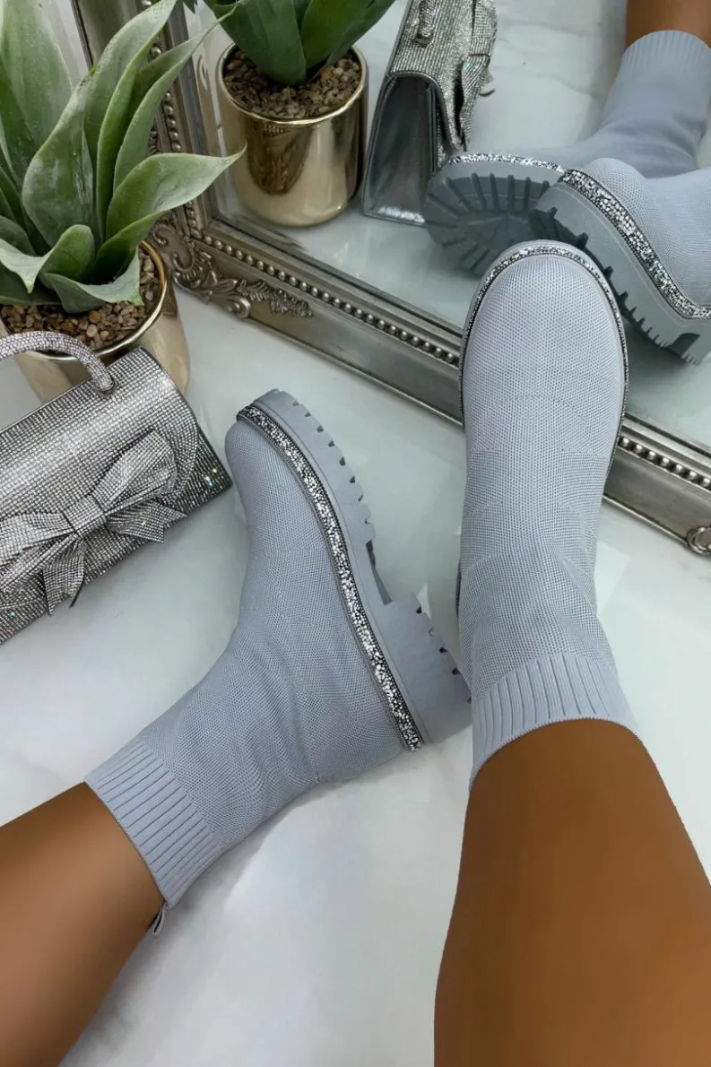 Chunky Boots*Love Lemonade Sparkly Stretch Chunky Sock Boots Grey