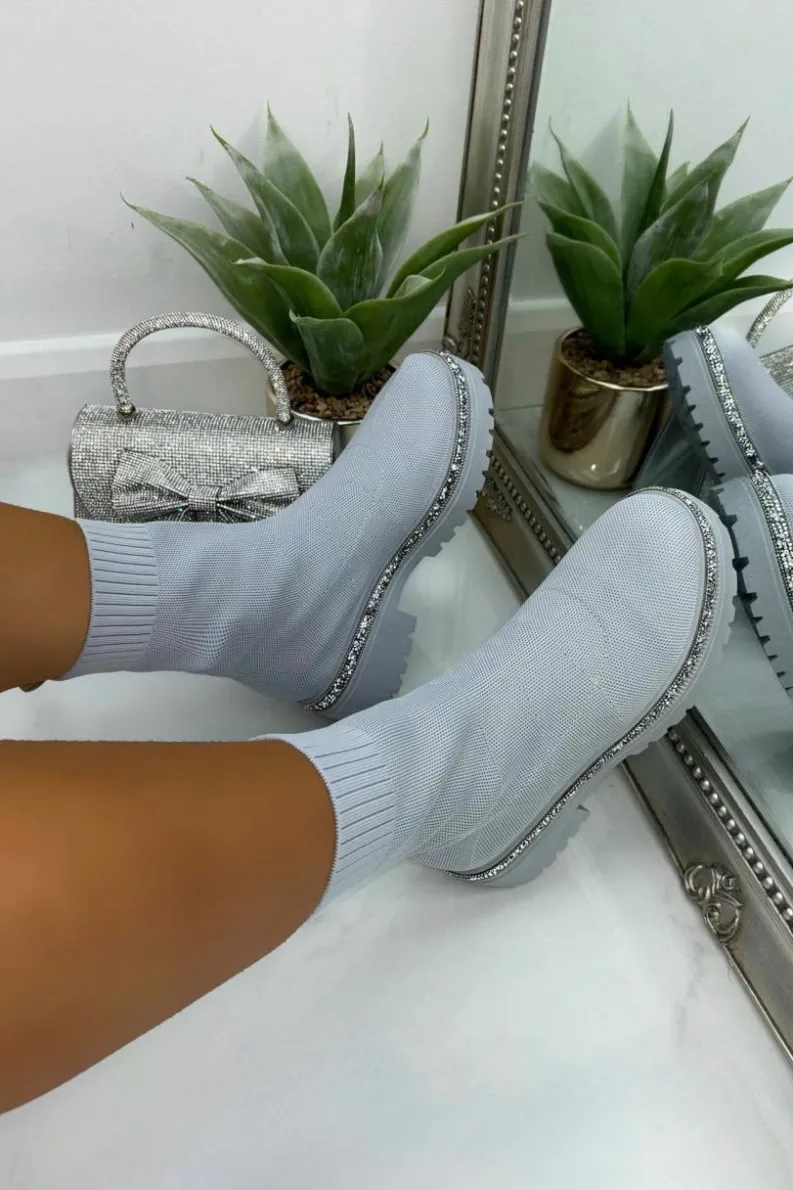 Chunky Boots*Love Lemonade Sparkly Stretch Chunky Sock Boots Grey