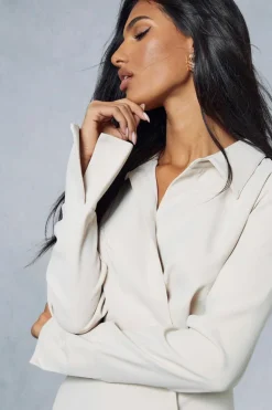 Shirt Dresses*MissPap Split Sleeve Drape Detail Tailored Mini Shirt Dress stone
