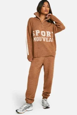 Knitted Co-Ords|Tracksuits*boohoo Sport Nouveau Knitted Zip Neck Oversized Jumper And Cuffed Jogger Set camel
