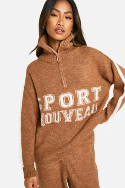 Knitted Co-Ords|Tracksuits*boohoo Sport Nouveau Knitted Zip Neck Oversized Jumper And Cuffed Jogger Set camel