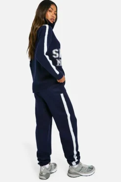 Knitted Co-Ords|Tracksuits*boohoo Sport Nouveau Knitted Zip Neck Oversized Jumper And Cuffed Jogger Set navy