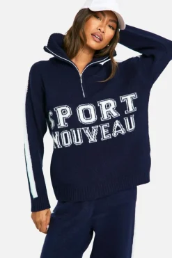 Knitted Co-Ords|Tracksuits*boohoo Sport Nouveau Knitted Zip Neck Oversized Jumper And Cuffed Jogger Set navy