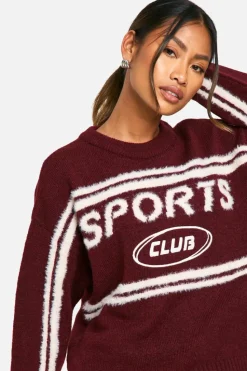 Oversized Jumpers*boohoo Sports Club Oversized Crew Neck Knitted Jumper burgundy