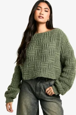 Oversized Jumpers|Jumpers*boohoo Square Knit Detail Oversized Crop Jumper khaki