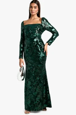 Maxi Dresses|Long Sleeve Dresses*boohoo Square Neck Demask Sequin Maxi Dress emerald