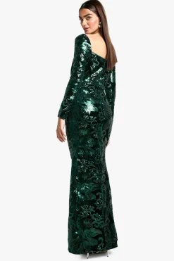 Maxi Dresses|Long Sleeve Dresses*boohoo Square Neck Demask Sequin Maxi Dress emerald