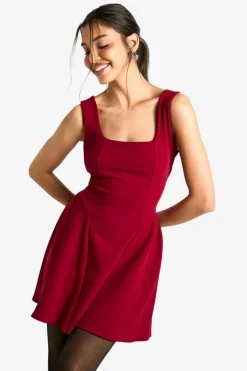 Skater Dresses*boohoo Square Neck Full Skirt Mini Dress wine