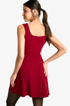 Skater Dresses*boohoo Square Neck Full Skirt Mini Dress wine