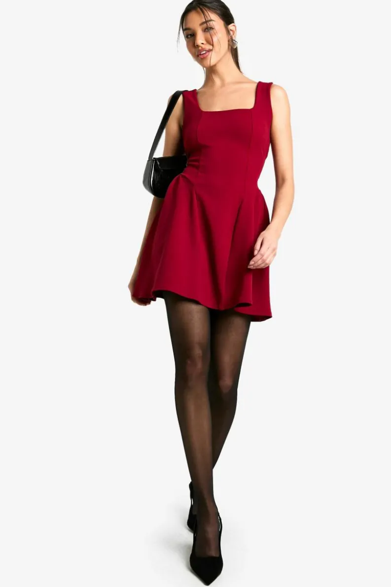 Skater Dresses*boohoo Square Neck Full Skirt Mini Dress wine