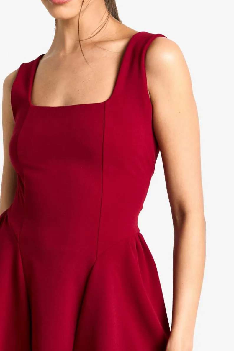 Skater Dresses*boohoo Square Neck Full Skirt Mini Dress wine