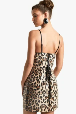 Bodycon Dresses*boohoo Square Neck Lace Back Leopard Sequin Mini Dress brown
