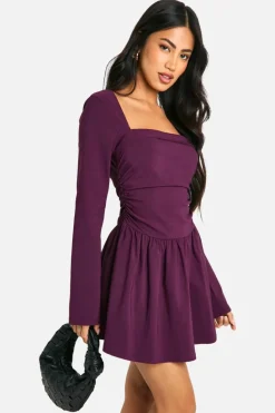 Skater Dresses|Mini Dresses*boohoo Square Neck Long Sleeve Skater Mini Dress plum