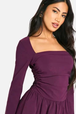 Skater Dresses|Mini Dresses*boohoo Square Neck Long Sleeve Skater Mini Dress plum
