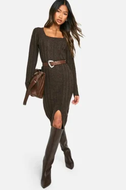 Jumper Dresses|Jumper Dresses*boohoo Square Neck Mixed Rib Knitted Midaxi Dress chocolate