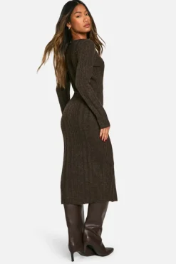 Jumper Dresses|Jumper Dresses*boohoo Square Neck Mixed Rib Knitted Midaxi Dress chocolate