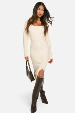 Jumper Dresses|Jumper Dresses*boohoo Square Neck Mixed Rib Knitted Midaxi Dress ecru