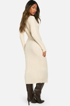 Jumper Dresses|Jumper Dresses*boohoo Square Neck Mixed Rib Knitted Midaxi Dress ecru