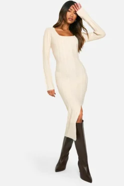 Jumper Dresses|Jumper Dresses*boohoo Square Neck Mixed Rib Knitted Midaxi Dress ecru